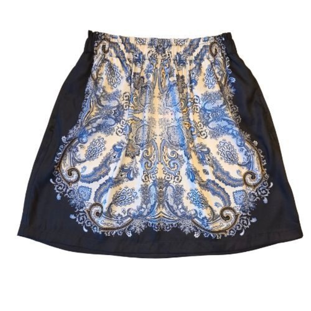 NWOT Womens S Paisley Handkerchief‎ Mini Skirt Black Blue White Boho Pockets